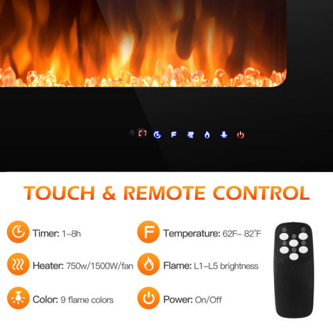 36 Inch Electric Wall Mounted Ultrathin Fireplace with Touch Screen and Timer