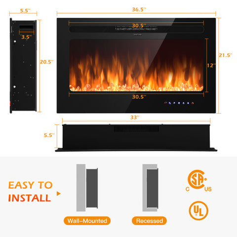 36 Inch Electric Wall Mounted Ultrathin Fireplace with Touch Screen and Timer