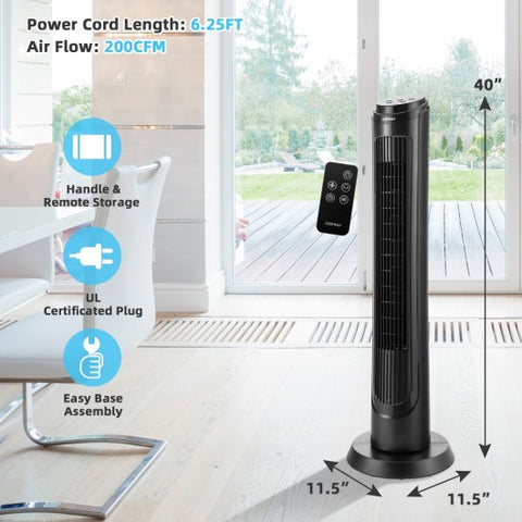 40 Inch Tower Fan with Remote 75˚ Oscillating Fan with 3 Wind Modes and 4 Wind Speeds-Black