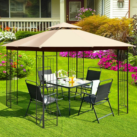 10 x 10 Feet L-Shaped Patio Canopy Gazebo Outdoor 2-Tier Steel Tent-Beige