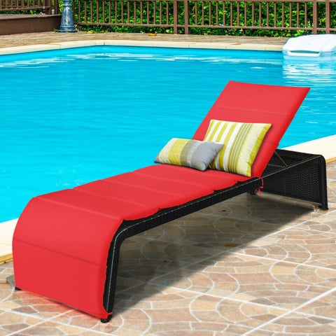 Patio Rattan Lounge Chair Back Adjustable Chaise Recliner  with Cushioned-Red