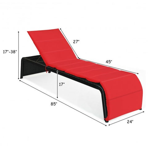 Patio Rattan Lounge Chair Back Adjustable Chaise Recliner  with Cushioned-Red