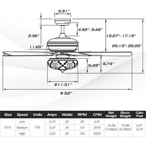 52 Inch Ceiling Fan with 3 Wind Speeds and 5 Reversible Blades-Gray