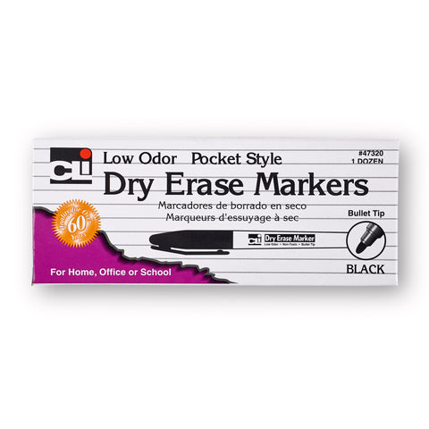 Dry Erase Markers, Pocket Style, Bullet Tip, Black, Pack of 12