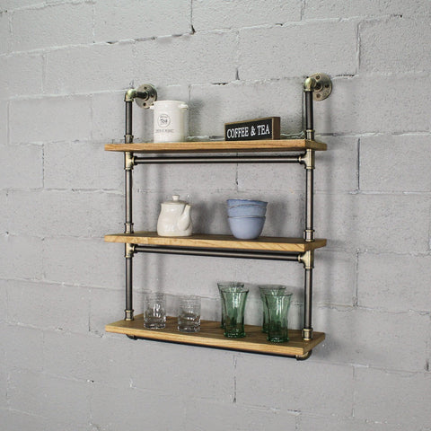 Juneau Industrial  3-tiered Etagere Wall Mounted 30-inch Wide Natural Pipe Shelf Rack Multipurpose  Metal Reclaimed Wood Finish