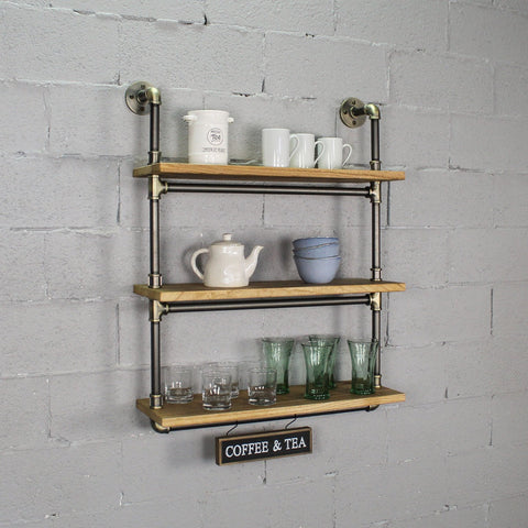 Juneau Industrial  3-tiered Etagere Wall Mounted 30-inch Wide Natural Pipe Shelf Rack Multipurpose  Metal Reclaimed Wood Finish