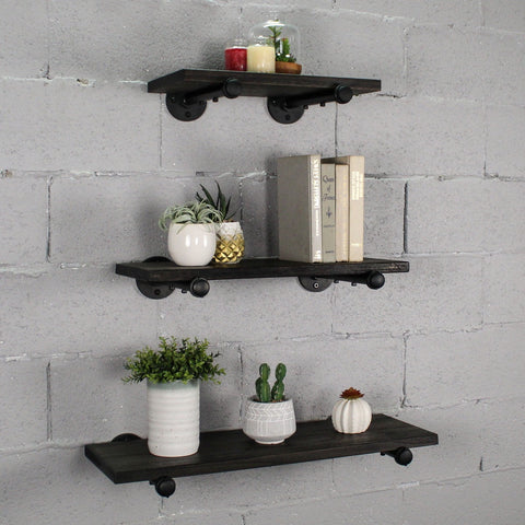 Furniture Pipeline Louisville Farmhouse  18  24  30 Wide  Espresso  Set Of 3  Decorative Wall Shelf  Solid Wood & Metal  Distressed Finish