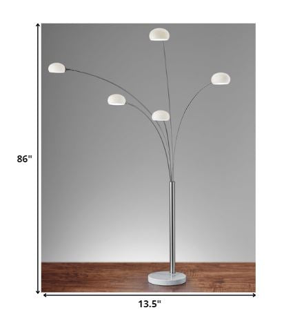 Brushed Steel Adjustable Arc Floor Lamp with Five Lights and White Milk Glass Shades