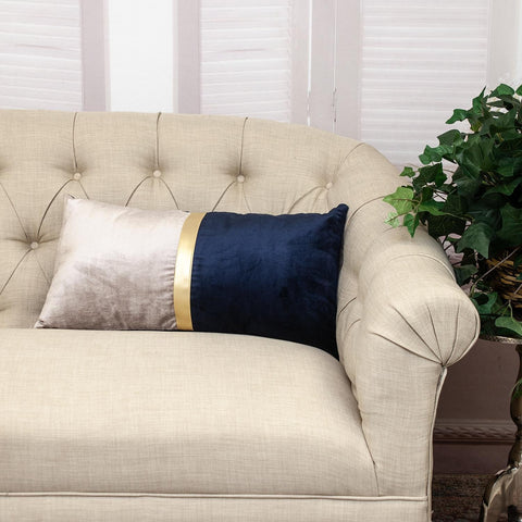 Beige Gold and Blue Tufted Velvet Lumbar Pillow