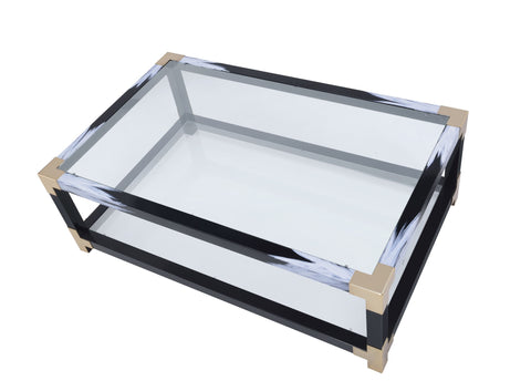 54" X 18" X 34" White Brushed Black Gold And Clear Glass Coffee Table