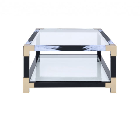 54" X 18" X 34" White Brushed Black Gold And Clear Glass Coffee Table