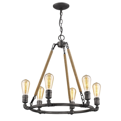 Grayson 6-Light Antique Gray Chandelier With Jute Wrapped Uprights