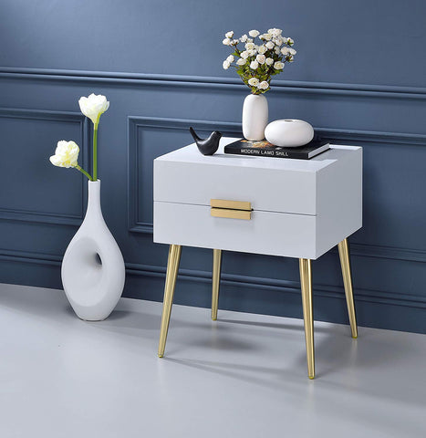 Sleek White And Gold Two Drawer End Table