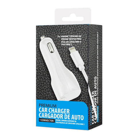 Reiko 8pin Car Charger With Built In Usb Cable In White For Iphone 6/ 6s/ 6 Plus/ 6s Plus/ Iphone 7/ Iphone 7 Plus