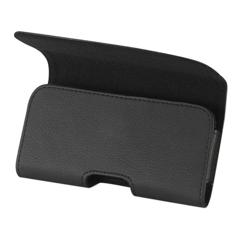 Reiko Leather Horizontal Phone Pouch With Embossed Logo In Black (5.2x3.0x0.8 Inches)