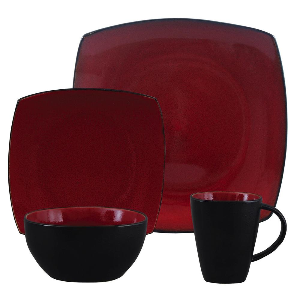 Gibson Soho Lounge 16 Piece Square Stoneware Dinnerware Set In Red And Black