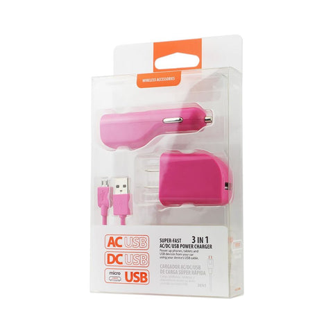 Reiko Micro 1 Amp 3-in-1 Car Charger Wall Adapter With Usb Cable In Hot Pink