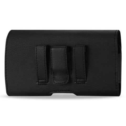 Reiko Leather Horizontal Phone Pouch With Embossed Logo In Black (5.4x3.0x0.8 Inches)