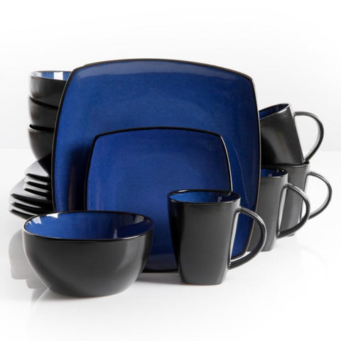 Gibson Soho Lounge 16 Piece Square Stoneware Dinnerware Set In Blue And Black