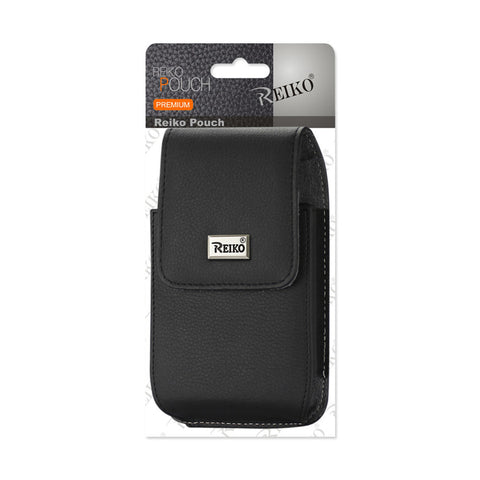 Reiko Leather Vertical Pouch With Metal Logo In Black (6.6x3.5x0.7 Inches)