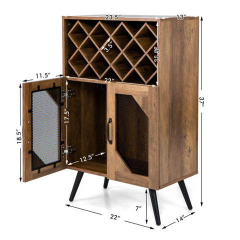 2-Door Farmhouse Kitchen Storage Bar Cabinet with Wine Rack and Glass Holder-Rustic Brown