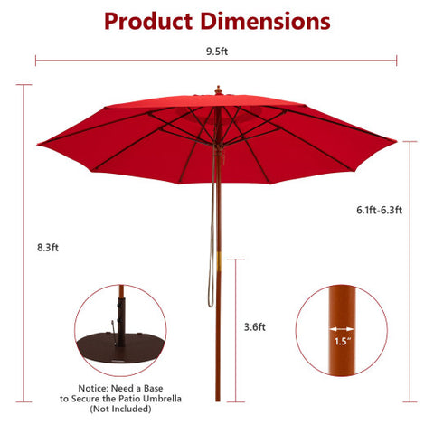 9.5 Feet Pulley Lift Round Patio Umbrella with Fiberglass Ribs-Red