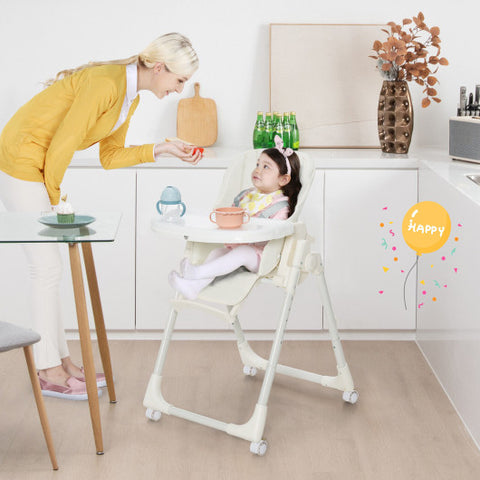 Folding High Chair with Height Adjustment and 360° Rotating Wheels