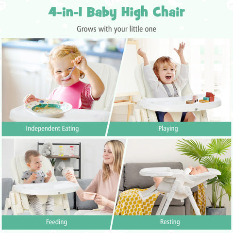 Folding High Chair with Height Adjustment and 360° Rotating Wheels