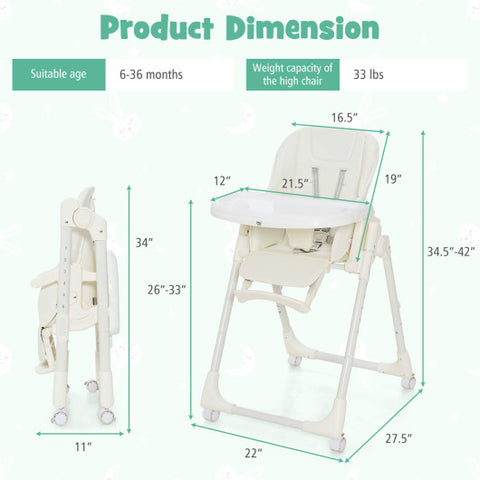 Folding High Chair with Height Adjustment and 360° Rotating Wheels