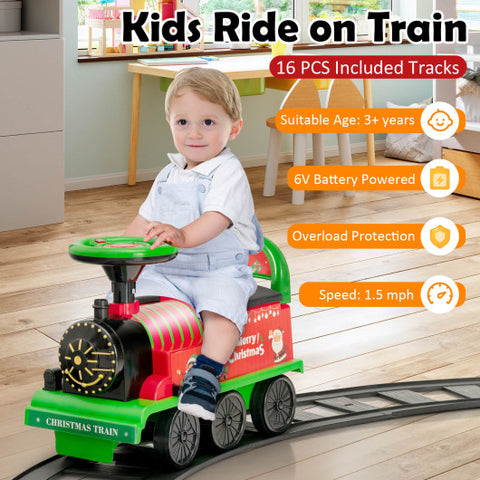 6V Electric Kids Ride On Train with 16 Pieces Tracks-Green