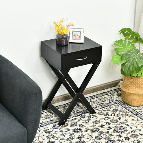 Design Sofa Side Table with X-Shape Drawer for Living Room Bedroom-Black