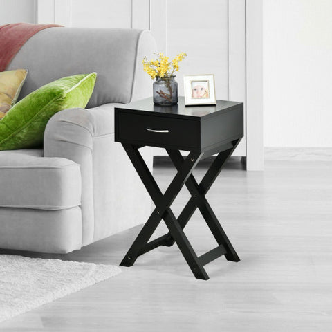 Design Sofa Side Table with X-Shape Drawer for Living Room Bedroom-Black