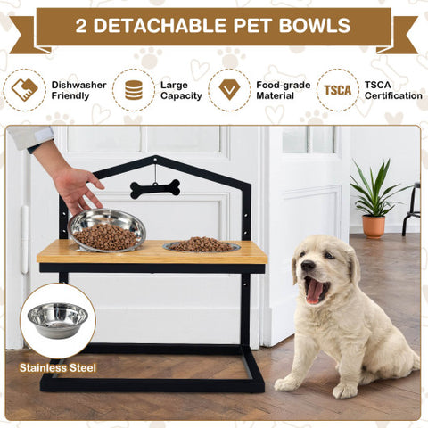 5 Heights Elevated Pet Feeder with 2 Detachable Stainless Steel Bowl-Natural