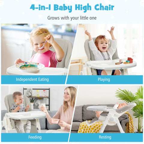 Folding High Chair with Height Adjustment and 360° Rotating Wheels-Gray