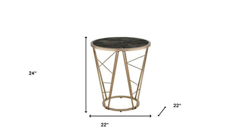 24" Champagne And Black Faux Marble Glass And Metal Round End Table