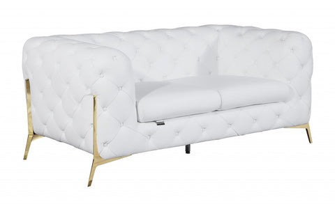 69" White All Over Tufted Italian and Gold Leather Love Seat