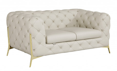 69" Beige All Over Tufted Italian and Gold Leather Love Seat