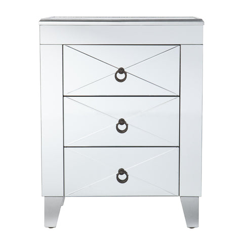 26" Silver Manufactured Wood And Iron Rectangular Mirrored End Table With Three Drawers And