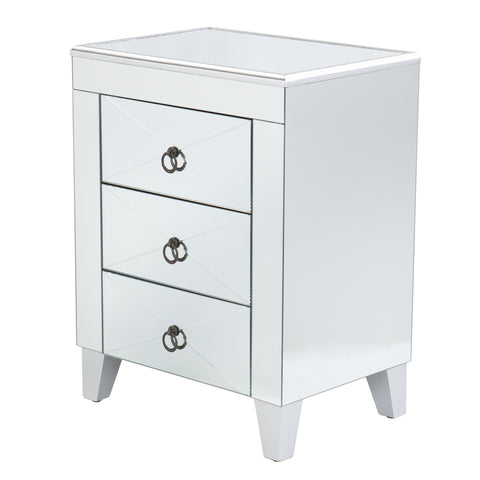 26" Silver Manufactured Wood And Iron Rectangular Mirrored End Table With Three Drawers And