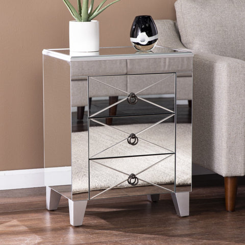 26" Silver Manufactured Wood And Iron Rectangular Mirrored End Table With Three Drawers And