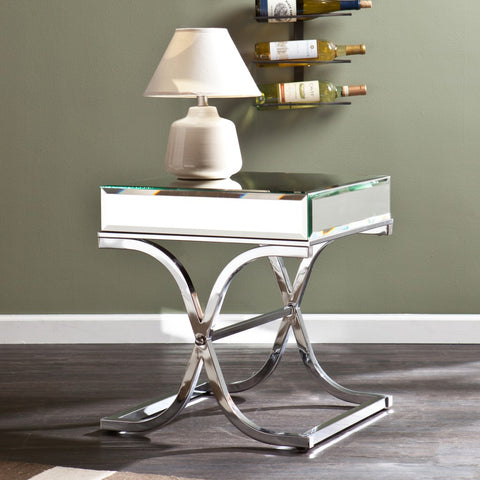 22" Silver Glass And Iron Square Mirrored End Table