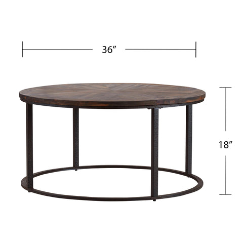 36" Natural And Brown Reclaimed Wood And Metal Round Coffee Table