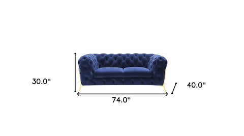 Contemporary 74" Blue Velvet And Gold Loveseat