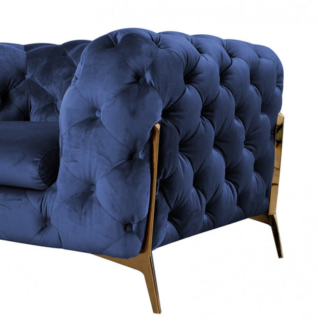 Contemporary 74" Blue Velvet And Gold Loveseat