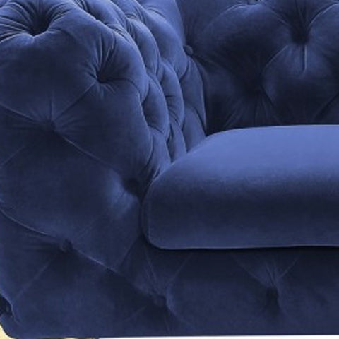 Contemporary 74" Blue Velvet And Gold Loveseat