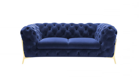 Contemporary 74" Blue Velvet And Gold Loveseat