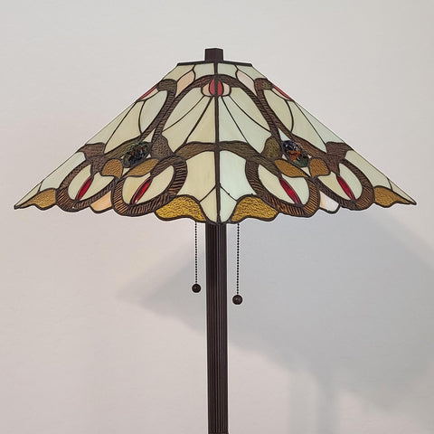 62" Brown Two Lights Traditional Shaped Floor Lamp With Brown And White Stained Glass Cone Shade