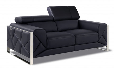 75" Black Italian Leather and Chrome Solid Color Love Seat