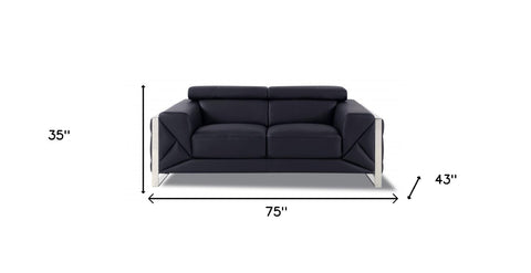 75" Black Italian Leather and Chrome Solid Color Love Seat