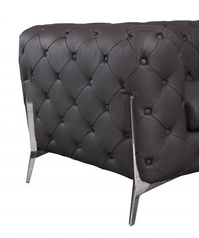 69" Dark Brown Tufted Italian Leather and Chrome Love Seat